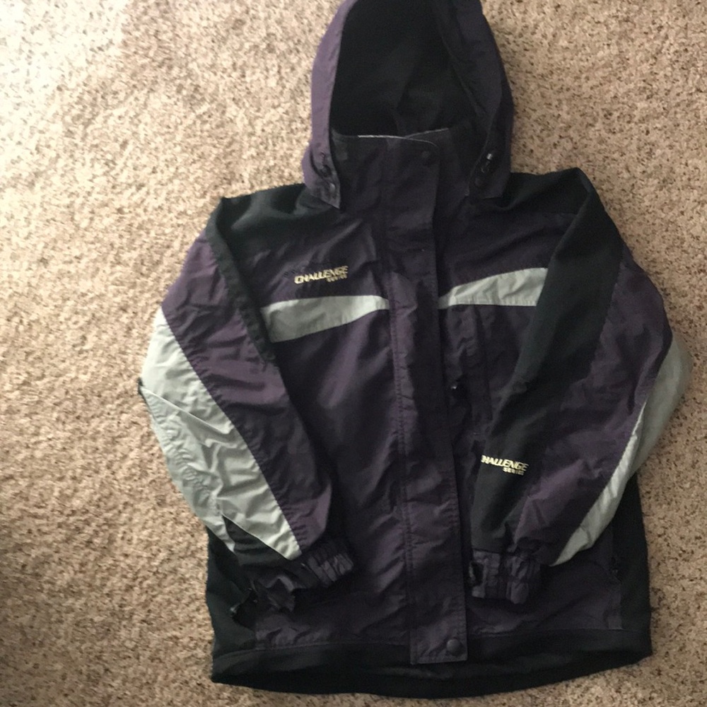 Columbia Challenge Series women’s jacket. Dark purple, black gray. Hood detaches